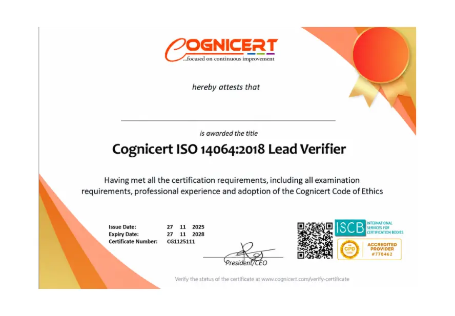 Contoh sertifikat Cognicert ISO 14064:2018 Lead Verifier
